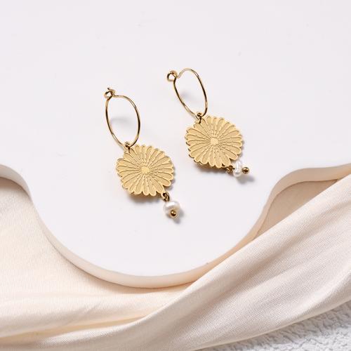 Freshwater Pearl Drop Earring, 316L Stainless Steel, with pearl, Flower, Vacuum Ion Plating, fashion jewelry & for woman, golden, nickel, lead & cadmium free 