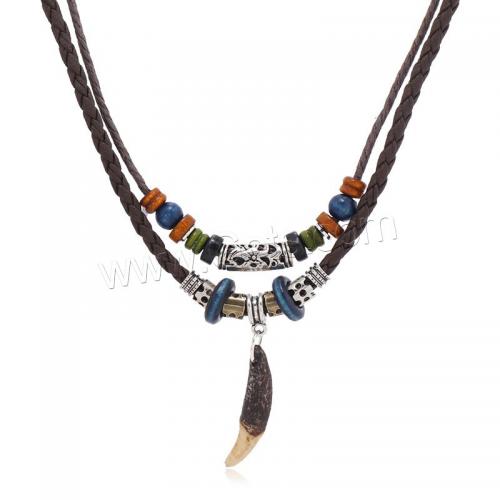 PU Leather Cord Necklace, with Linen & Wood & Zinc Alloy, Double Layer & vintage & adjustable & for man 
