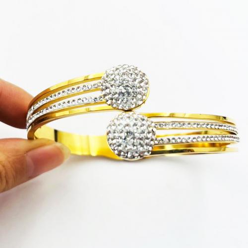 304 Stainless Steel Bangle, Round, gold color plated, for woman & with rhinestone, Inner Approx 55mm 