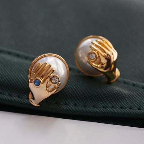 Rhinestone Brass Stud Earring, with Plastic Pearl, gold color plated, fashion jewelry & for woman & with rhinestone 