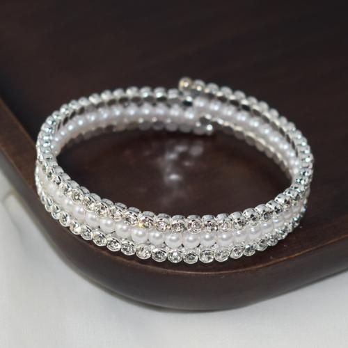 Iron Bangle, with Plastic Pearl, fashion jewelry & for woman & with rhinestone, silver color, width 10mm, Inner Approx 59mm [