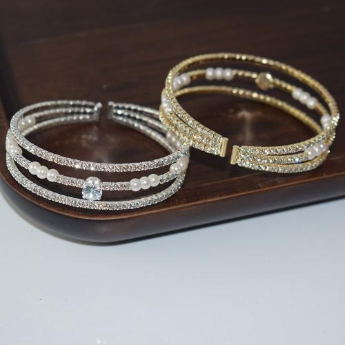 Iron Cuff Bangle, with Plastic Pearl, plated, micro pave cubic zirconia & for woman & with rhinestone width 14mm, Inner Approx 55mm 