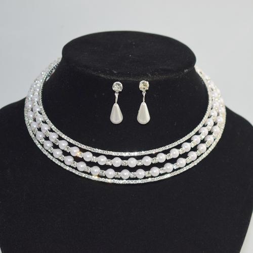 Jewelry Gift Sets, Iron, collar & earring, with Plastic Pearl, with 2.76inch extender chain, plated, 2 pieces & for woman & with rhinestone collar diameter 128mm,collar width 20mm,earring 25mm 