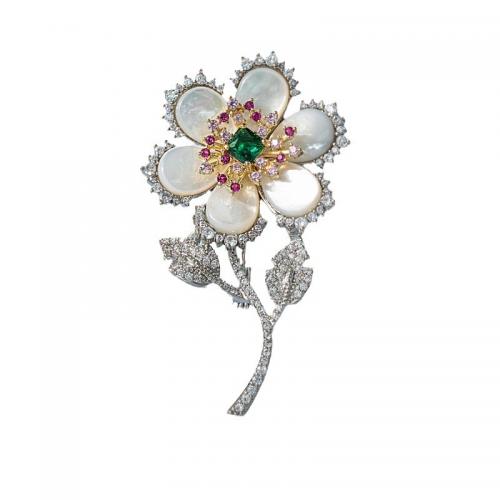 Shell Brooch, Brass, with Natural Seashell, Flower, platinum plated, fashion jewelry & micro pave cubic zirconia & for woman 