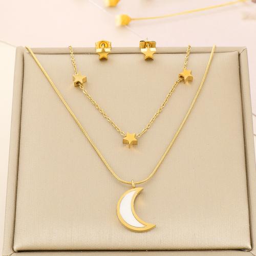 Fashion Stainless Steel Jewelry Sets, 304 Stainless Steel, Stud Earring & necklace, with Shell, gold color plated, Double Layer & fashion jewelry & for woman 