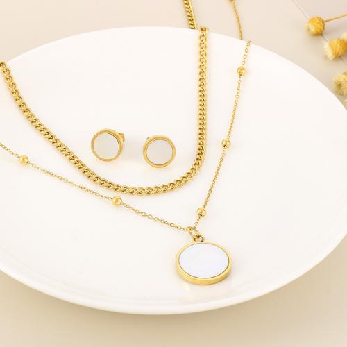 Fashion Stainless Steel Jewelry Sets, 304 Stainless Steel, Stud Earring & necklace, with Shell, gold color plated, fashion jewelry & for woman 