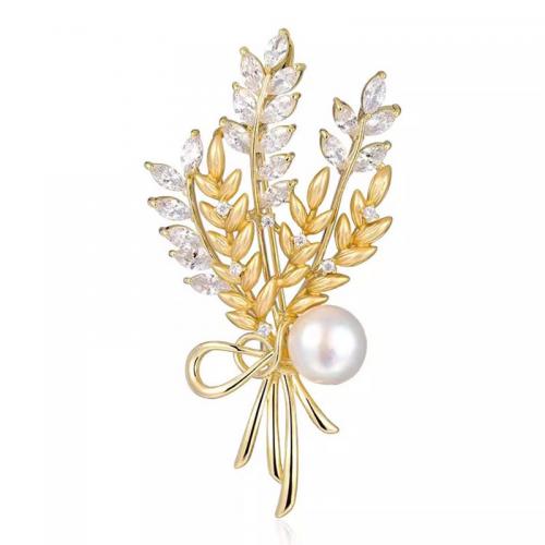 Crystal Brooch, Zinc Alloy, with Crystal & Plastic Pearl, Wheat, fashion jewelry & for woman, golden 