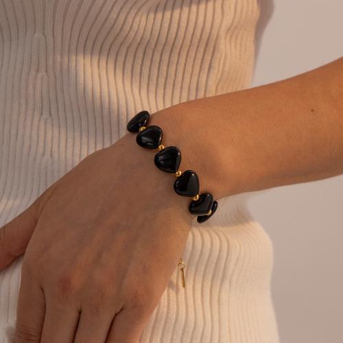 Black Agate Bracelets, 304 Stainless Steel, with Shell Pearl & Black Agate, with 5.5cm extender chain, Heart, plated, fashion jewelry, black cm 