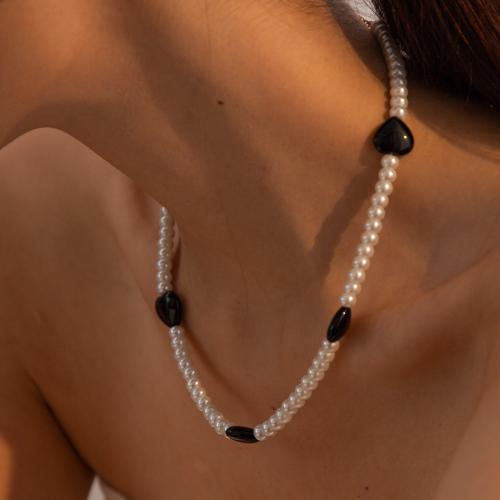 Glass Pearl Necklace, 304 Stainless Steel, with Black Agate & Glass Pearl, with 5.5cm extender chain, Heart, plated, fashion jewelry, white .5 cm 