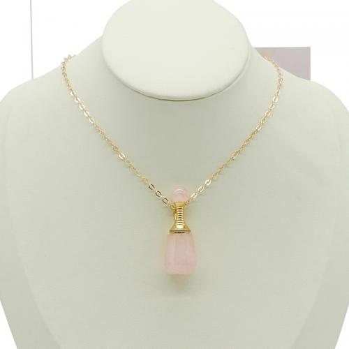 Quartz Necklace, Rose Quartz, with Brass, gold color plated & for woman [