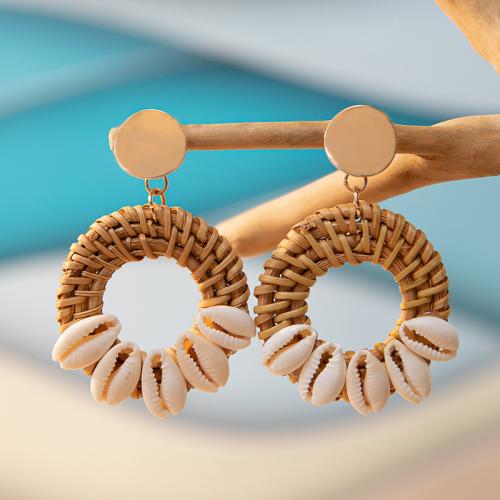 Rattan Earring, with Shell & Zinc Alloy, Round, plated, fashion jewelry 