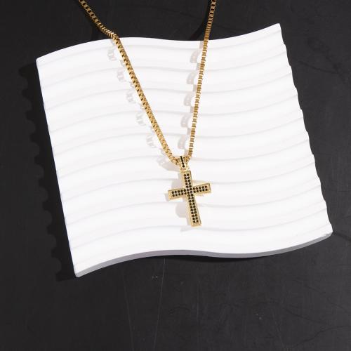 Brass Necklace, with 304 Stainless Steel Chain, Cross, real gold plated, Unisex & box chain & micro pave cubic zirconia Approx 18 Inch 