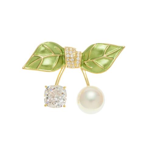 Cubic Zirconia Brooch, Brass, with Mabe Pearl & enamel, Leaf, fashion jewelry & micro pave cubic zirconia & for woman 