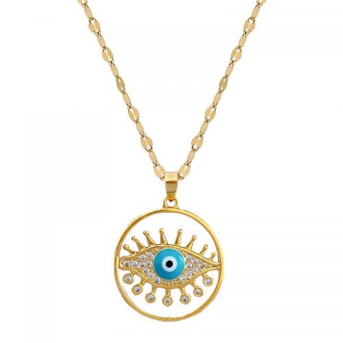 Brass Necklace, with 304 Stainless Steel Chain, Evil Eye, gold color plated, micro pave cubic zirconia & for woman & enamel & hollow Approx 18 Inch 