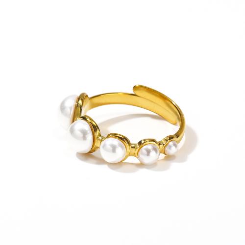 Titanium Steel Finger Ring, with Plastic Pearl, Vacuum Ion Plating, for woman, golden [
