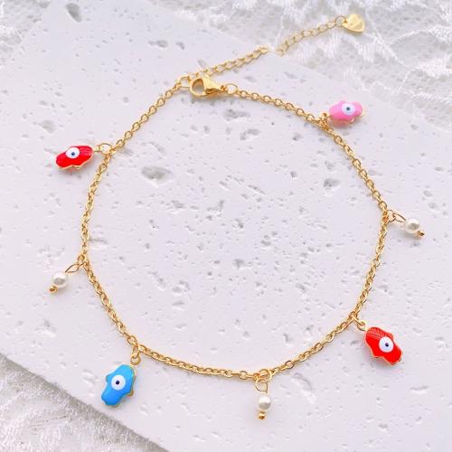 Stainless Steel Anklets Jewelry, 304 Stainless Steel, with Plastic Pearl, with 5cm extender chain, Hamsa, Vacuum Ion Plating, fashion jewelry & for woman & enamel x12mm,plastic mm Approx 22 cm 
