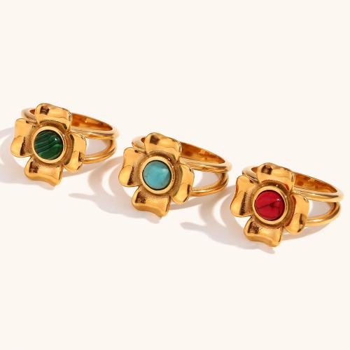 316L Stainless Steel Finger Ring, with Gemstone, Flower, 18K gold plated  & for woman, US Ring 