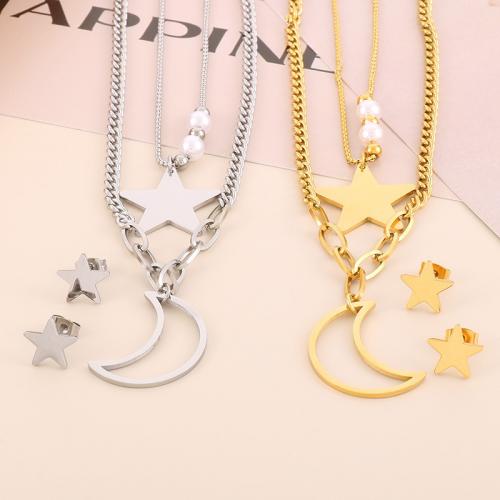 Fashion Stainless Steel Jewelry Sets, 304 Stainless Steel, Stud Earring & necklace, with Plastic Pearl, Moon and Star, Vacuum Ion Plating, 2 pieces & Double Layer & for woman Approx 15.75 Inch, Approx 17.72 Inch 