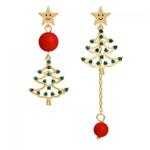 Рождество Серьги, цинковый сплав, Рождественская елка, плакирован золотом, ювелирные изделия моды & Женский & со стразами, разноцветный продается Пара