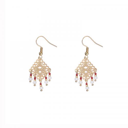 Glass Seed Beads Earring, Brass, with Seedbead & Crystal, Rhombus, real gold plated, fashion jewelry & for woman & hollow 