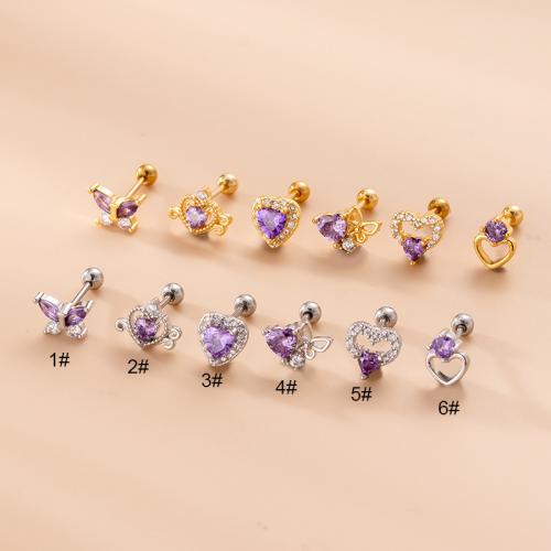 304 Stainless Steel Piercing Earring, with Brass, Heart, plated, 6 pieces & micro pave cubic zirconia & for woman 