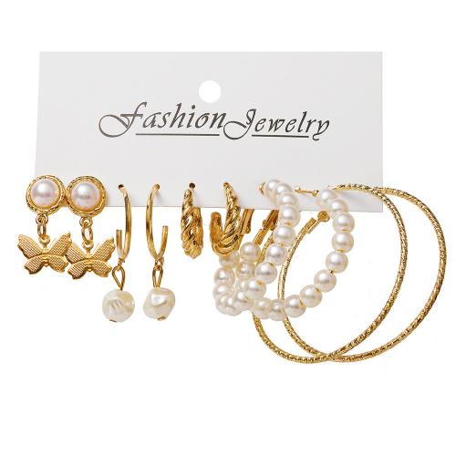 Zinc Alloy Earring Set, with Plastic Pearl, gold color plated, 5 pieces & for woman, earring length 25-50mm 