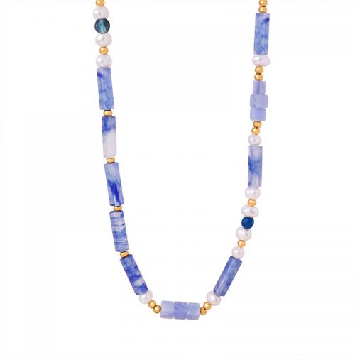 Gemstone Freshwater Pearl Necklace, Sodalite, with Titanium Steel & Freshwater Pearl, with 5cm extender chain, fashion jewelry & for woman Approx 42 cm 