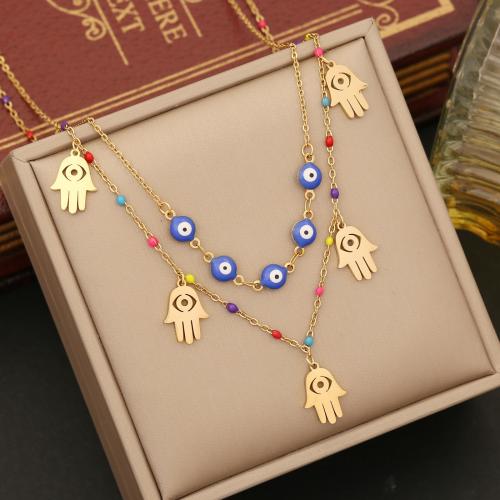Evil Eye Jewelry Necklace, 304 Stainless Steel, with 5cm extender chain, Double Layer & for woman & enamel, golden Approx 40 cm 
