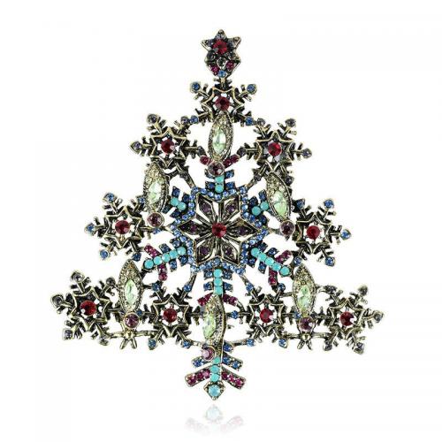 Christmas Jewelry Brooch , Zinc Alloy, Christmas Tree, antique gold color plated, vintage & fashion jewelry & for woman & with rhinestone, mixed colors 