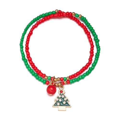 Zinc Alloy Christmas Bracelet, Seedbead, with Zinc Alloy, gold color plated, Double Layer & Christmas Design & fashion jewelry & for woman & enamel Approx 18 cm 