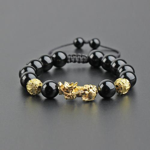 Bracelets de perle de bijou en verre, alliage de zinc, avec Des billes de verre & cordon de polyester, bête sauvage Fabuleuse, Placage de couleur d'or, bijoux de mode & réglable, noire Environ 16-28 cm, Vendu par PC