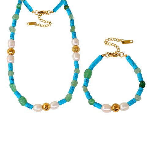 Natural Freshwater Pearl Jewelry Sets, Synthetic Turquoise, with Gemstone & Freshwater Pearl & 304 Stainless Steel, with 5cm extender chain, Vacuum Ion Plating, fashion jewelry & for woman Approx 17 cm, Approx 40 cm 