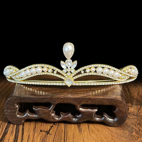 Bridal Tiaras, Zinc Alloy, with Plastic Pearl, gold color plated, fashion jewelry & for woman & with rhinestone, golden, diameter 155mm,height 45mm 