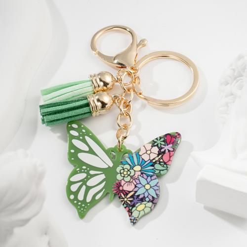 Acrylic Key Chain, Zinc Alloy, with PU Leather & Acrylic, Butterfly, printing, multifunctional & for woman, green 