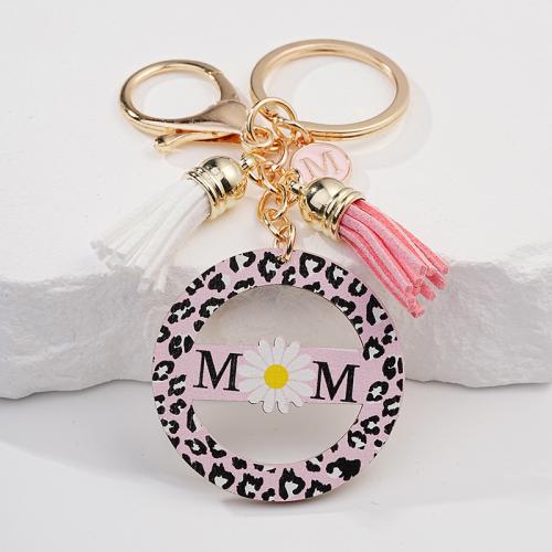 Wood Key Chain, Zinc Alloy, with PU Leather & Wood, Round, printing, for woman & enamel & hollow, pink 