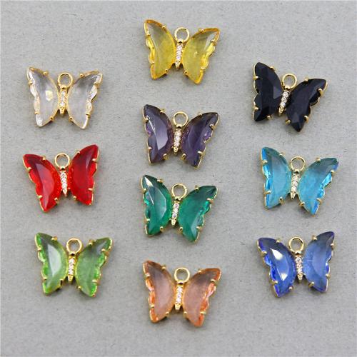 Glass Brass Pendants, with Glass, Butterfly, gold color plated, DIY Approx [