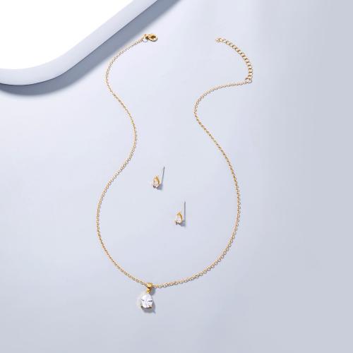 Brass Cubic Zirconia Jewelry Sets, Zinc Alloy, Stud Earring & necklace, 2 pieces & fashion jewelry & micro pave cubic zirconia & for woman, gold 