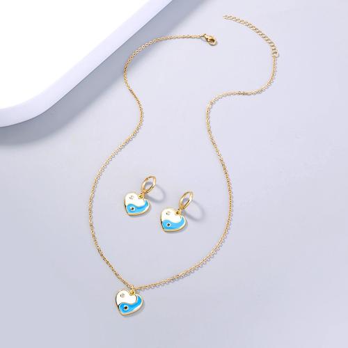 Brass Jewelry Set, earring & necklace, with enamel, Heart, plated, 2 pieces & fashion jewelry & for woman, gold [