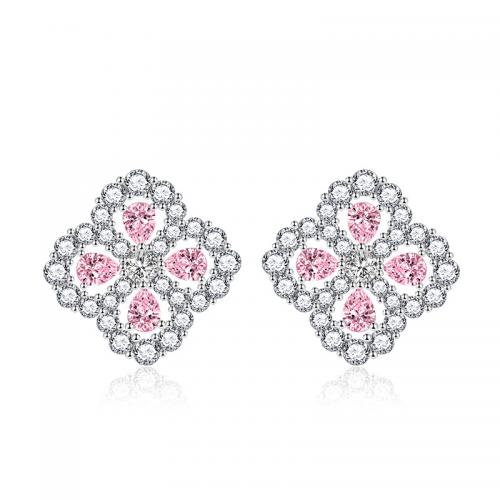 Cupronickel Stud Earring, Four Leaf Clover, silver color plated, for woman & with rhinestone & hollow 