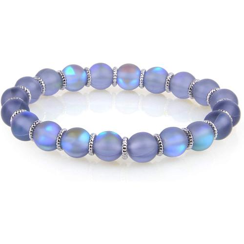 Bracelets de perle de bijou en verre, Opaline, avec alliage de zinc, Rond, Placage de couleur argentée, bijoux de mode & unisexe & givré, bleu Environ 18 cm, Vendu par PC