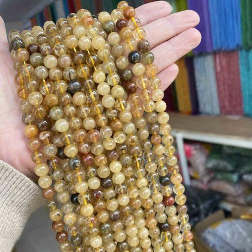 Rutilquarz Perlen, Rutilated Quarz, rund, poliert, DIY & verschiedene Größen vorhanden, goldfarben, Länge:ca. 38 cm, verkauft von Strang