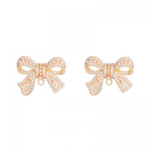 Cubic Zirconia Micro Pave Brass Earring, with Plastic Pearl, Bowknot, plated & micro pave cubic zirconia & for woman, gold 