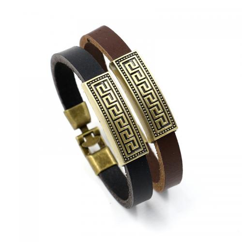 Cowhide Bracelets, Zinc Alloy, with cowhide cord, Rectangle, plated, fashion jewelry & Unisex 10mm Approx 21.5 cm [