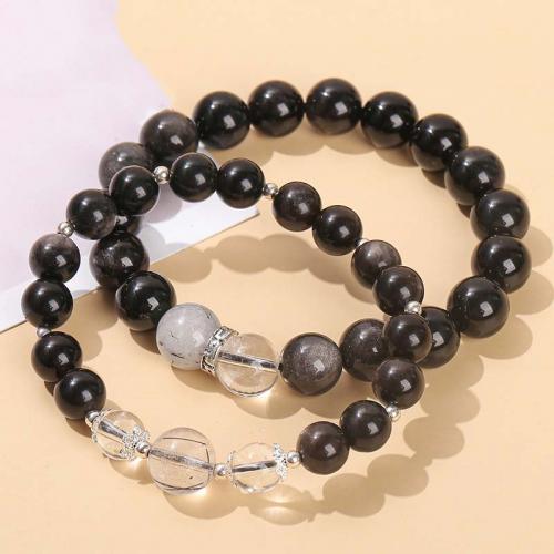Gemstone Bracelets, Silver Obsidian, with Black Rutilated Quartz & Zinc Alloy, Round, silver color plated, fashion jewelry & Unisex & with rhinestone, mixed colors Approx 18 cm 