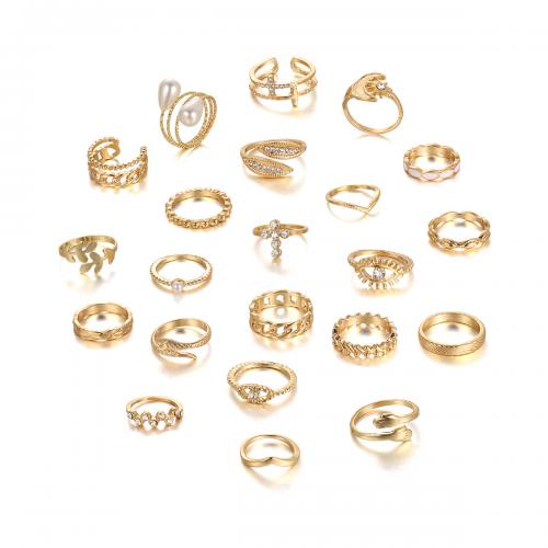 Zinc Alloy Ring Set, with Crystal & Plastic Pearl, 23pcs & fashion jewelry & for woman, gold 