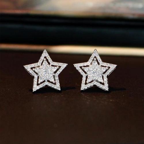 Brass Stud Earring, Star, platinum plated, for woman & with rhinestone 