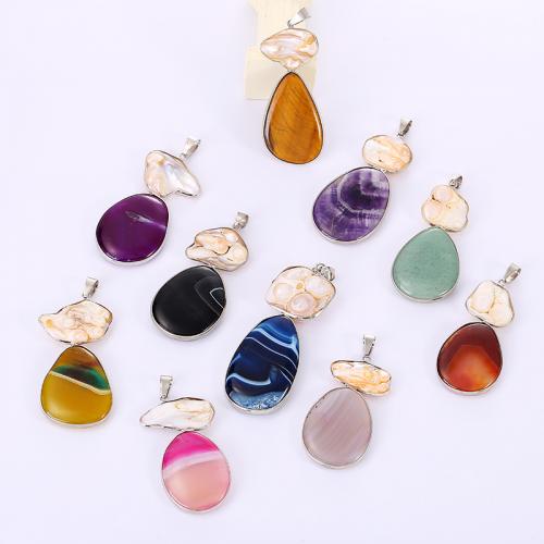 Agate Brass Pendants, with Shell & Brass, silver color plated, DIY, Random Color [