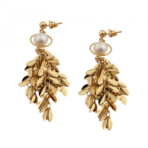 Fashion Fringe Earrings, Brass, with Plastic Pearl, fashion jewelry & for woman, golden 