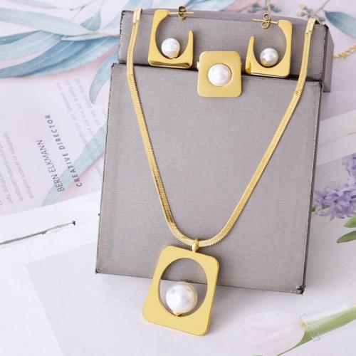 Titanium Steel Jewelry Set, Stud Earring & finger ring & necklace, with Plastic Pearl, with 4.5cm extender chain, Vacuum Ion Plating, three pieces & fashion jewelry & for woman, golden, ear stud 25mm,ring 20mm,pendant 35mm Approx 43.5 cm 