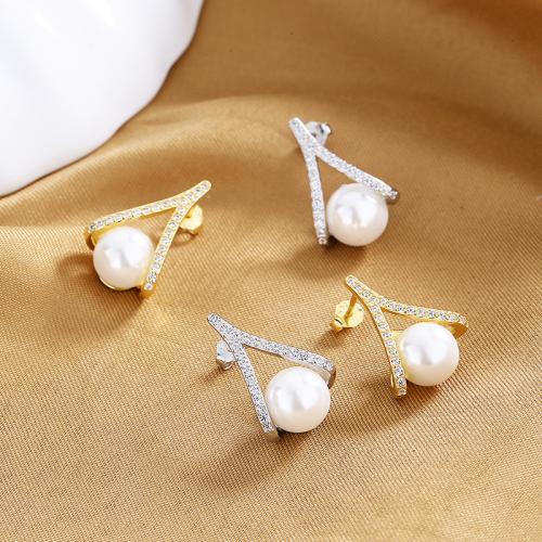 South Sea Shell Stud Earrings, Brass, with Shell Pearl, plated, fashion jewelry & micro pave cubic zirconia & for woman 